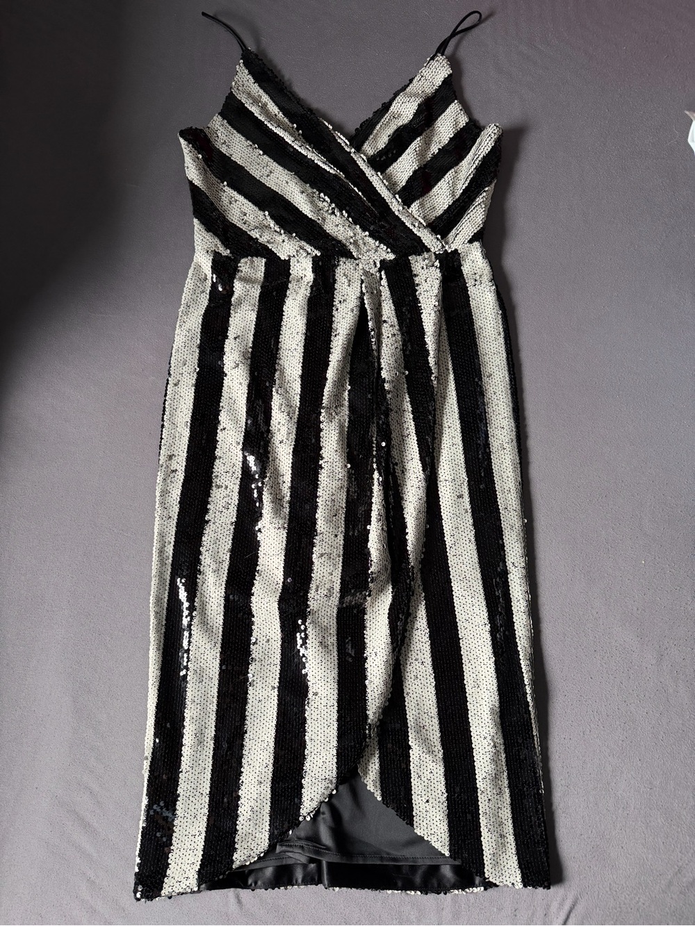 Mes Amies Boutique Black and White Striped Sequin Wrap Dress Size 6